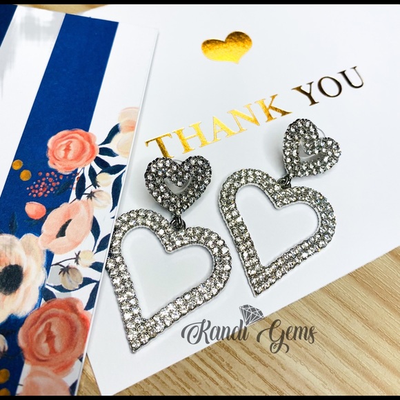 Gold / Silver Double Heart Rhinestone Earrings - Picture 7 of 8